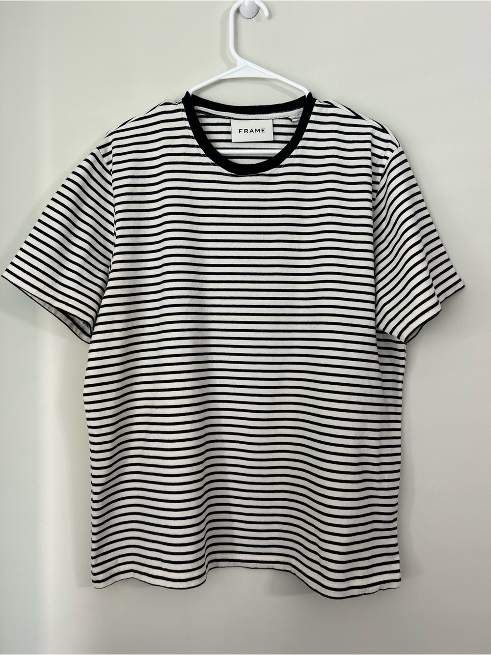 FRAME Los Angeles T-Shirt XL Black & White Striped Cotton Crew Neck Short Sleeve